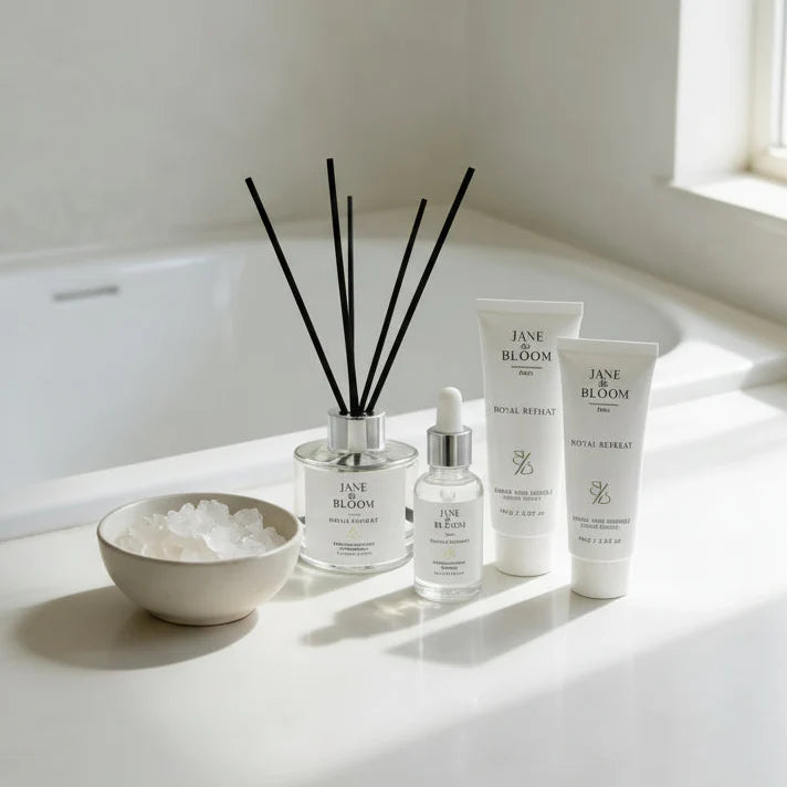 Skincare products on a bathroom counter with natural light