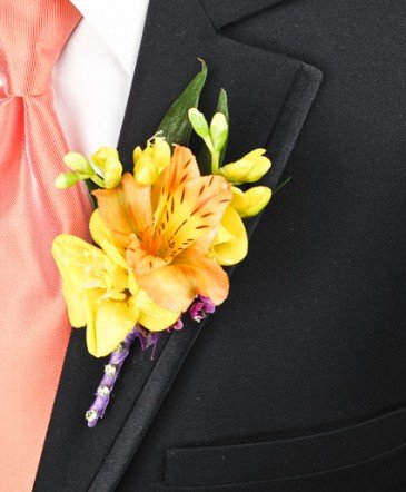 Orange Alstromeria and Yellow Freesia Boutonniere